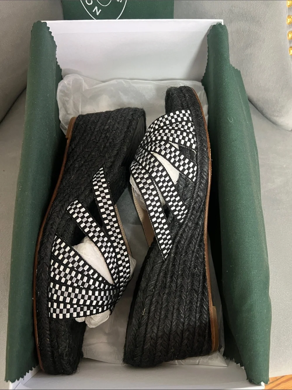Stuart Weitzman Black Woven Espadrille Wedge Sandals with Checkerboard Straps